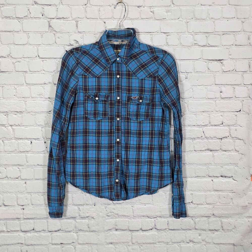 Hollister Shirt Men's Small Blue Plaid Flannel Pearl Snap Long Sleeve Shirt
